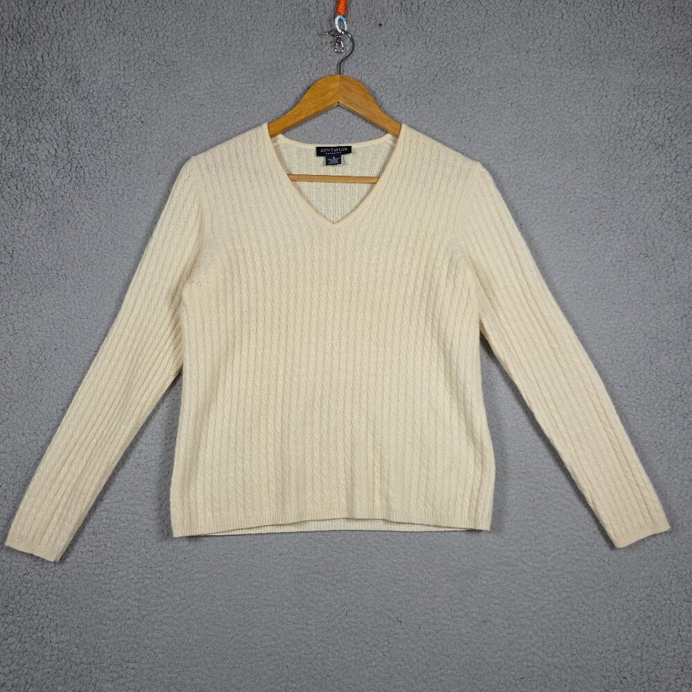 Ann Taylor Sweater Size Small Yellow V-Neck 3D Cable Knit Y2K Soft Girl Cashmere